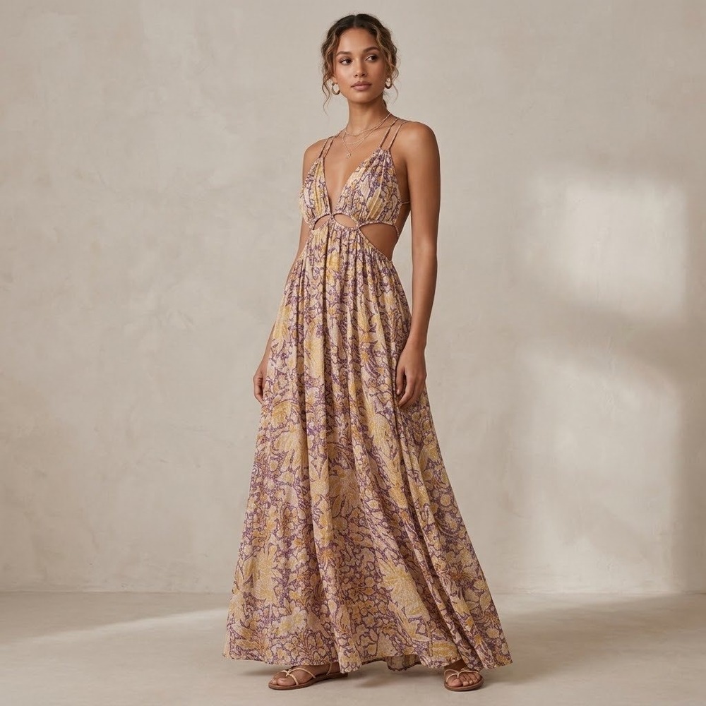 Anthropologie Maxi Dress Women Small Purple Yellow Floral Cutout Metallic Boho
